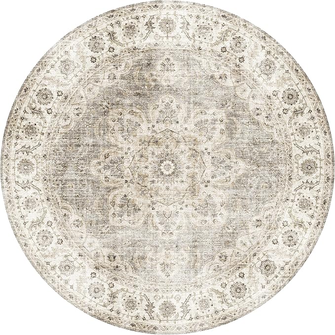ReaLife Rugs Machine Washable Area Rug - Living Room Bedroom Bathroom Kitchen Entryway Office - Padded Low Pile Stain Resistant Premium - Boho Farmhouse Vintage - Joy - Beige Ivory 4' Round