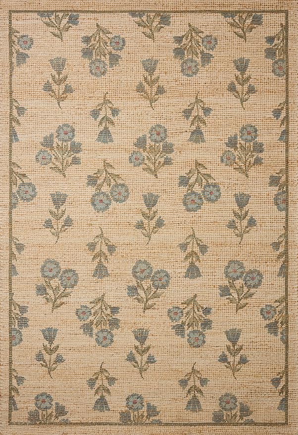 Loloi Chris Loves Julia Rue Collection RUE-04 Moss/Blue 3'-6" x 5'-6" Accent Rug Jute Neutral Floral Living Room Bedroom Rug