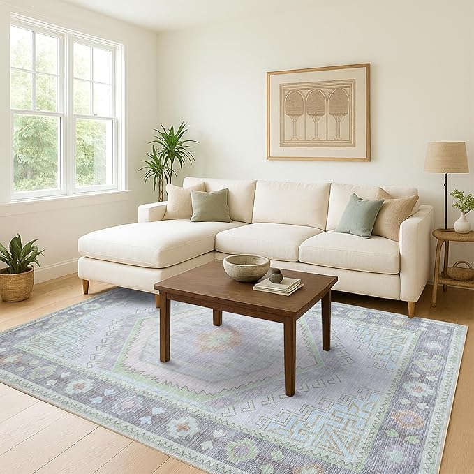 Fame Living Washable Area Rug. Modern Farmhouse. Vintage. Turkish. Bohemian. Distressed. Oriental. Traditional. Rugs for Living Room. Dining. Bedroom. Office. Entryway. Foyer. (856GrnCrm, 5'9" x 8'9")
