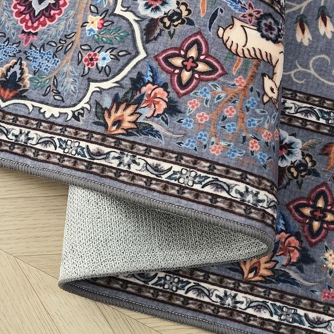 Rugcomf Area Rugs 5x7 Vibrant Tree of Life-Patterned Vintage Washable Area Rug Non Slip Low Pile Large Rugs for Living Room Bedroom Farmhouse Dining Room Kids Playroom, Grey