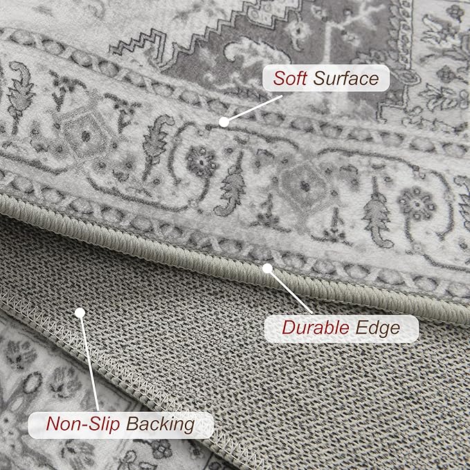 XWZO Runner Rug 2x10ft for Long Hallways, Washable Non-Slip Low Pile Area Rug with Rubber Backing, Spill Resistant Soft Vintage Floor Carpet for Kitchen Entryway Stair Landing Living Room, Grey