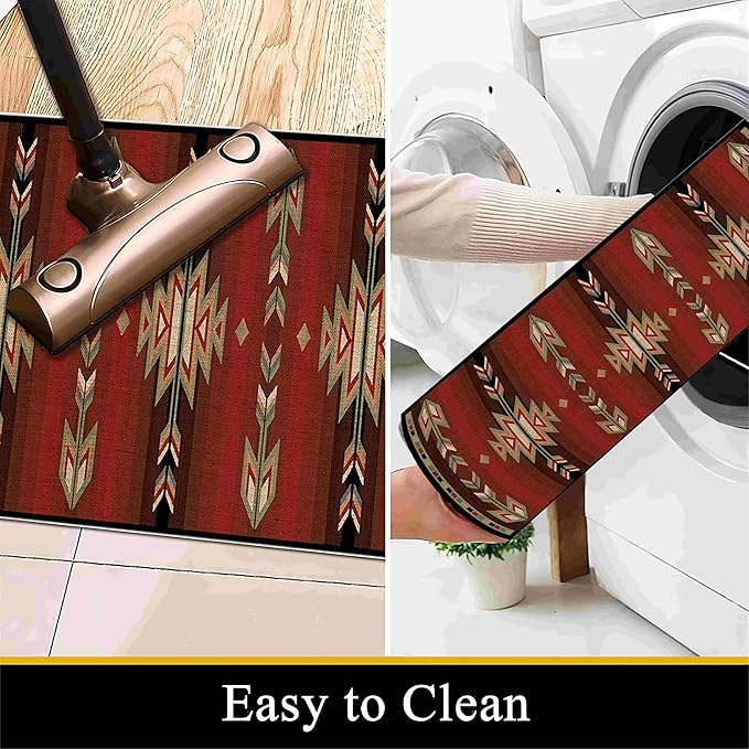 Red Arrow Runner Rug, 2x8ft Retro Geometric Hallway Runner Rug - Corridor & Busy Home Foyer Rugs, Washable Flannel Non-Slip Mat, Southwestern Tribe Decor Carpet for High-Traffic Areas