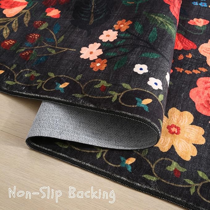 Rugcomf Area Rugs 9x12 Living Room Clearance Washable Boho Rug Non Slip Floral Vintage Low Pile Large Rug for Living Room, Bedroom, Farmhouse, Dining Room, Kids Playroom(Black)