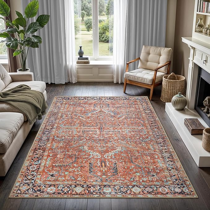 GLN Rugs Traditional Collection - Machine Washable Area Rug, Traditional Washable, Non Slip, Low Pile Chenille Rug, Living Room, Bedroom, Kitchen Rug (2'6" x 7' Terra/Multicolor 1168)