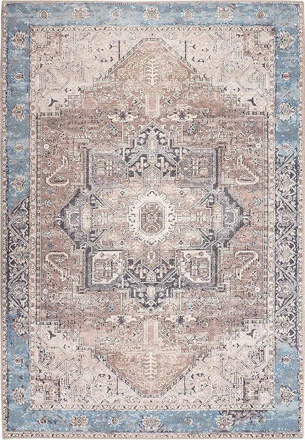 GLN Rugs Traditional Collection - Machine Washable Area Rug, Traditional Washable, Non Slip, Low Pile Chenille Rug, Living Room, Bedroom, Kitchen Rug (2' x 3' Brown/Blue)