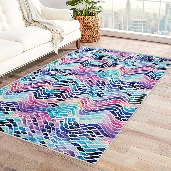 Colorful Wave Rug, 6x8 Rug, Abstract Watercolor Rugs for Living Room Bedroom, Watercolor Large Area Rug, Washable Rug Non Slip Soft Indoor Carpet, Colorful Wave Home & Room Decor