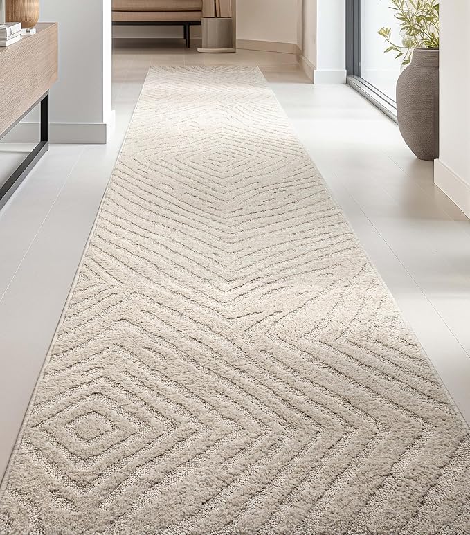 Well Woven Custom Size Hallway Stair Runner - Choose Your Length - 27 Inches Wide x 95 Feet Long Runner (27" x 95' Runner) Rug - Ivory Relajo Soft Touch, Modern Geometric - Hi-Lo Pile