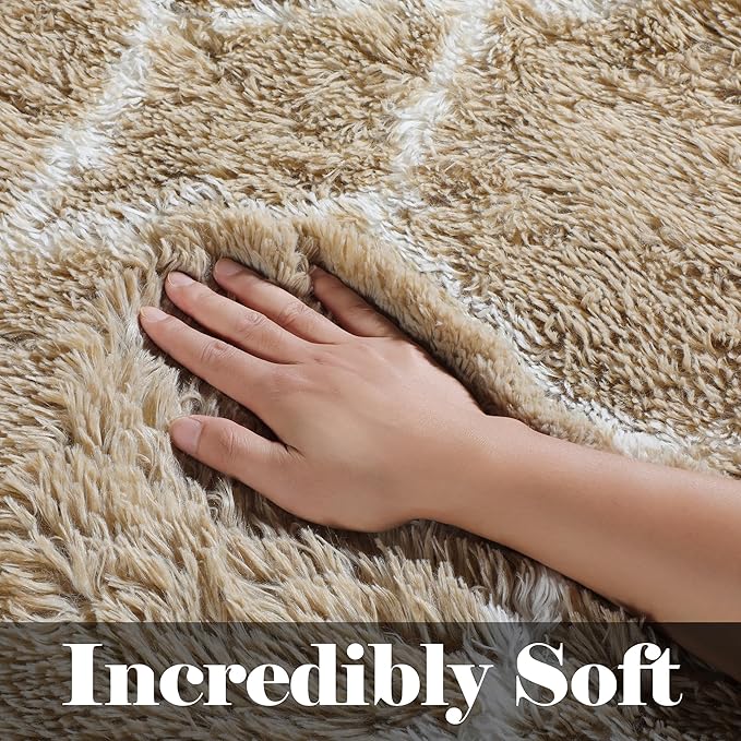 ONASAR Living Room Area Rug 6x9, Large Beige and White Geometric Floor Rugs for Bedroom Home Decor Aesthetic, Soft Fuzzy Shaggy Plush Fluffy Moroccan Carpet for Teen Nursery Dorm Classroom Office