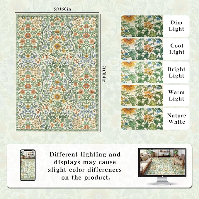 5×7 Grass Green Washable Floral Area Rug,Vintage Boho Soft Low-Pile Living Room Rugs, Stain Resistant Botanical Non-Slip Carpet for Bedroom,Dining Room, Kids Nursery,Home Decor