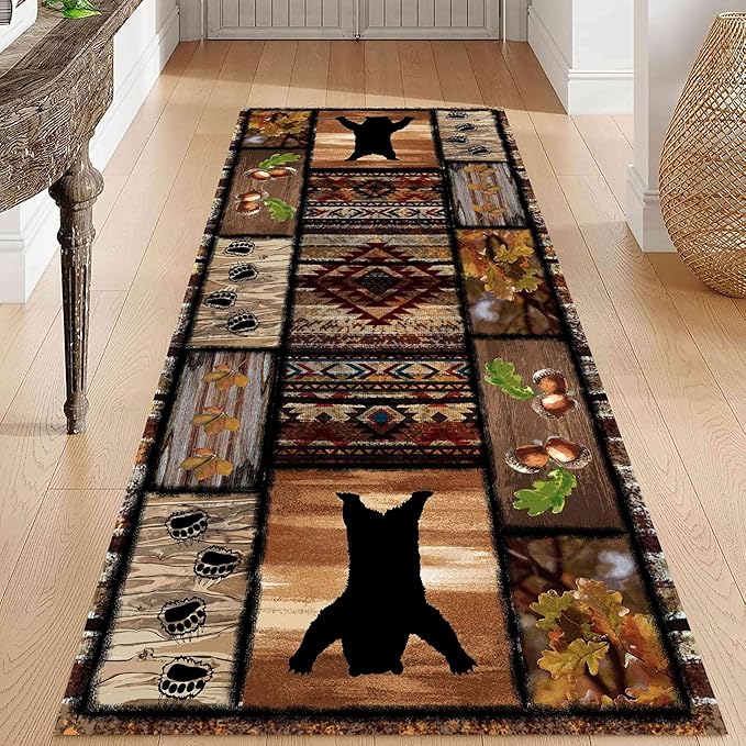 Wild Animal Bear Long Runner Rug, 4x12ft, Brown Geometric Stitching Non-Slip Kitchen Mat, Animal Bear and Plant Pine Cone Autumn Leaf Print Entrance Carpet, Southwest Country Style Indoor Decoration