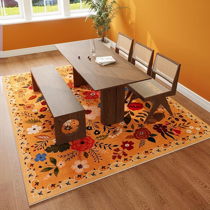 Rugcomf Living Room Rug 5x7 Rug Machine Washable Boho Area Rug Non Slip Floral Vintage Low Pile Large Rugs for Living Room, Bedroom, Farmhouse, Dining Room, Kids Playroom(Yellow)