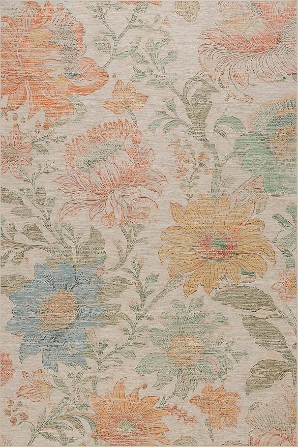 Dash & Albert Zell Multi Machine Washable Rug, 8.5 X 11.5 Feet, Multicolored/Tan Floral Pattern