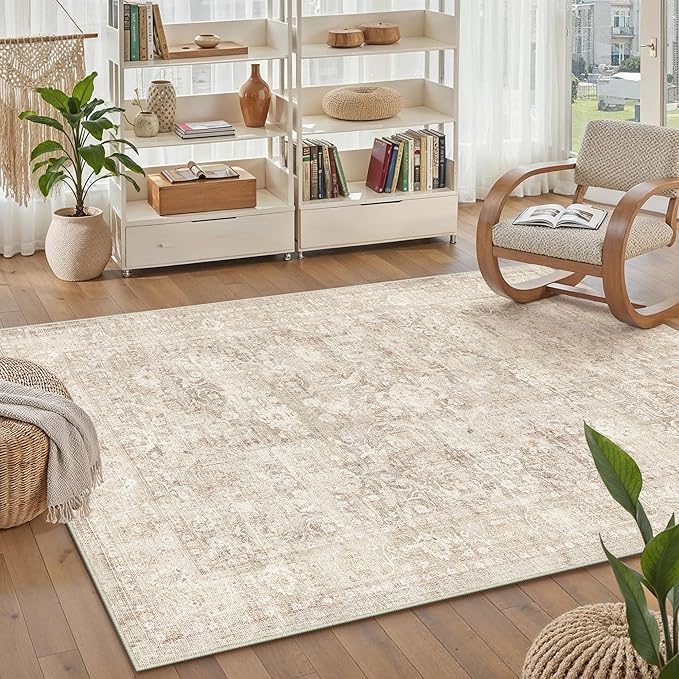 5x7 Beige Washable Area Rug for Living Room Bedroom Neutral Soft Non Slip Rug Low Pile Vintage Distressed Carpet for Dining Room Nursery Office Indoor