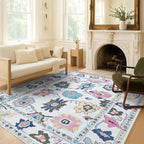 Fame Living Colorful Oushak Rug, Modern Rugs, Vintage, Turkish, Eclectic, Floral, Pastel, Washable, Small Throw, Accent Area Rug for Living Room, Bedroom, Kitchen, Bathroom, 2'5"x4'9"