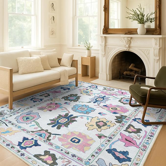 Fame Living Colorful Oushak Rug, Modern Rugs, Vintage, Turkish, Eclectic, Floral, Pastel, Washable, Small Throw, Accent Area Rug for Living Room, Bedroom, Kitchen, Bathroom, 2'5"x4'9"
