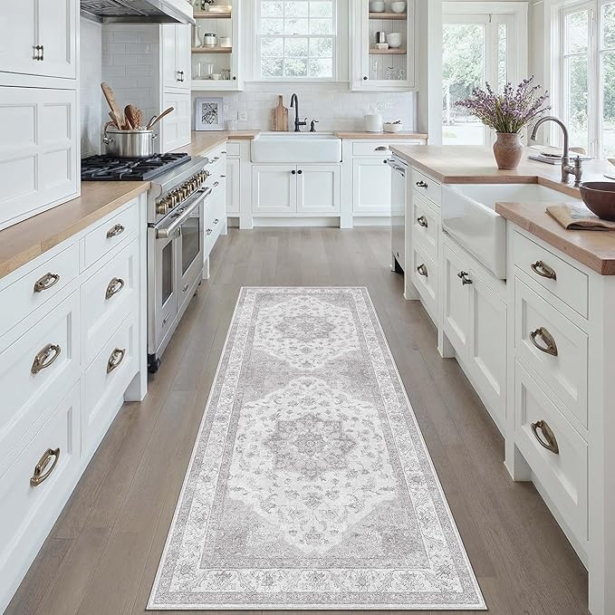 Grey Gray Runner Rug 2x6 Washable Vintage Long Carpet for Hallway Kitchen Soft Retro Low Pile Thin Indoor Runner Non Slip Oriental Medallion Throw Rug for Bathroom Bedroom Laundry Dining Room