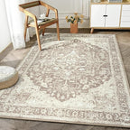 Bloom Rugs Washable Non-Slip 4' x 6' Rug - Light Brown Traditional Medallion Area Rug for Living Room, Bedroom, Dining Room, and Kitchen - Exact Size: 4' x 6'