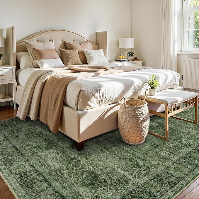 6x9 Green Washable Rug for Living Room Large Vintage Distressed Bedroom Rug Low Pile Non-Slip Soft Boho Carpets for Bedroom Dining Room Home Office Indoor Nursery