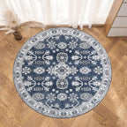 VK VK·LIVING Round Washable Rug 5'Ft Vintage Machine Washable Area Rugs with Non Slip Round Rugs for Living Room Bedroom Traditional Woven Carpet Stain Resistant Dining Home Office Boho Rug (Navy)