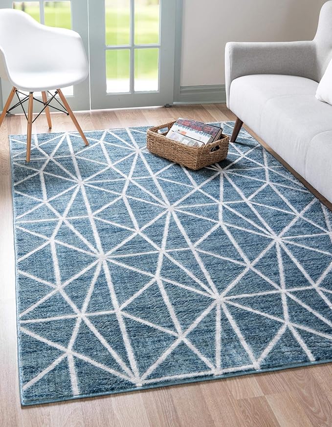 Rugs.com Lattice Trellis Collection Rug – 10' x 14' Blue Low-Pile Rug Perfect for Living Rooms, Large Dining Rooms, Open Floorplans