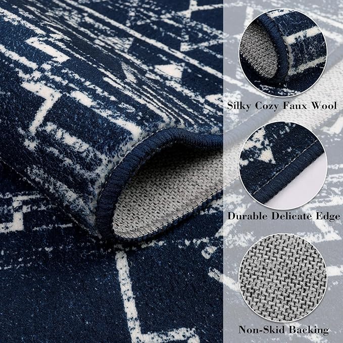 Wonnitar Moroccan Kitchen Runner Rugs, Non-Skid Washable Runner Rug 2x6, Bohemian Non-Shedding Soft Blue Hallway Runner, Geometric Low Pile Carpet Runner for Laundry Bath Entrance (Blue,2'x6')