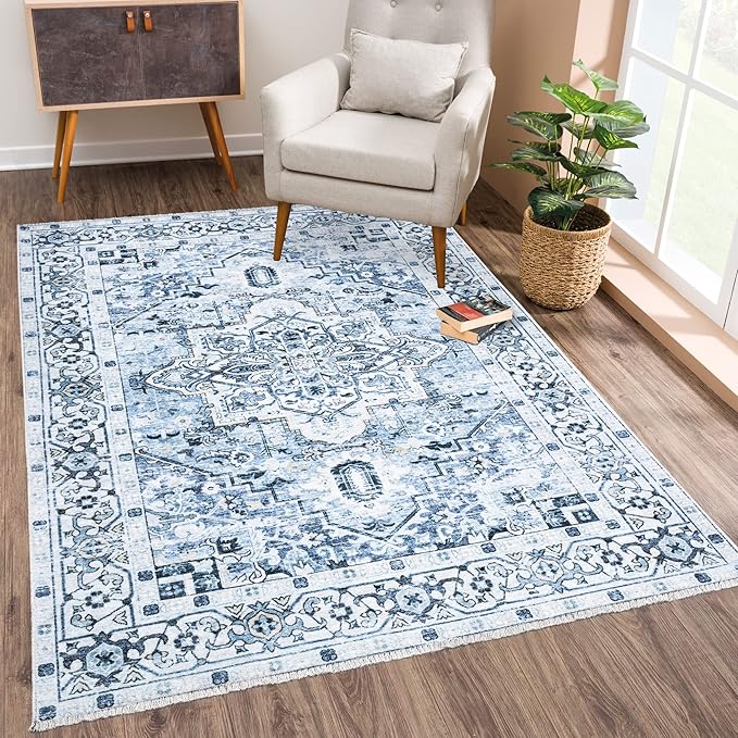 Bloom Rugs Caria Washable Non-Slip 8x10 Rug - Blue Traditional Area Rug for Living Room, Bedroom, Dining Room, and Kitchen - Exact Size: 7'8" x 10'