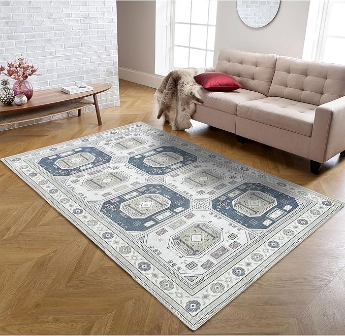 Fame Living Faded Oushak Rug, Turkish Vintage Floral Pastel Large Oversized Area Rugs for Living Room Dining Bedroom Kitchen Bathroom Nursery (848CrNv, 5' x 6'9")