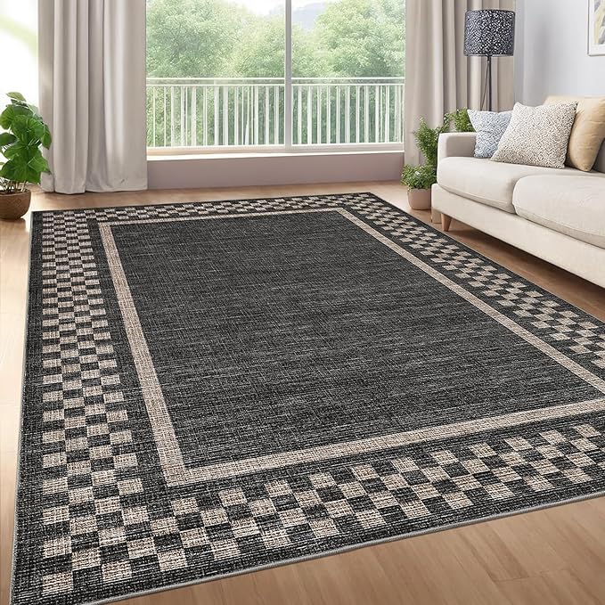 GarveeHome 4x6 Rug Small Washable Living Room Rug Modern Bordered Area Rugs with Rubber Backing Soft Non Slip Low Pile Dining Room Throw Carpet Checkered Geometric Mats for Bedroom Kitchen, Black