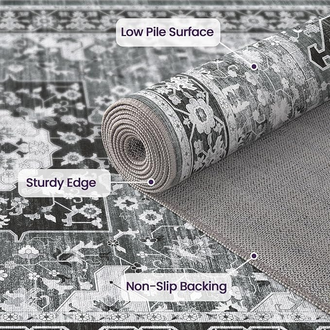 DEXI 10x14 Area Rug for Living Room, Washable Vintage Farmhouse Thin Rug Indoor Floor, Non Slip Stain Resistant Low Pile Carpet for Dining Room Bedroom Office, White Grey