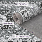DEXI 9x12 Area Rug for Living Room, Washable Vintage Farmhouse Thin Rug Indoor Floor, Non Slip Stain Resistant Low Pile Carpet for Dining Room Bedroom Office, White Grey
