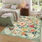 DUKINO 9x12 Area Rug, Floral Rugs for Living Room, Lightweight Non Slip Washable Rug, Indoor Low Pile & Non-Shedding Boho Design Rugs for Bedroom, Living Room, Dining Room,Green