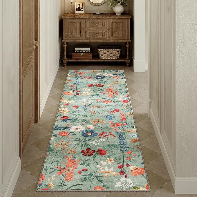 Floral Runner Rug 2x5 Washable Hallway Long Green Bedroom Carpet Non Slip Indoor Boho Kitchen Low Pile Accent Rug Lightweight Soft for Bathroom Dining Laundry Living Room
