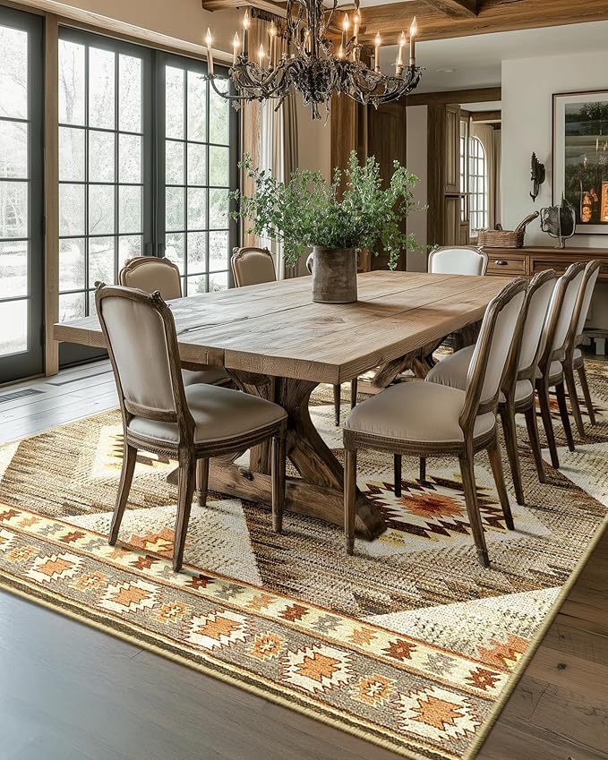 Area Rug 6x8 Rug Machine Washable Non-Slip Low Pile Print Pattern Western Rug for Living Room Bedroom Entryway Tribal Series-Cream/Camel