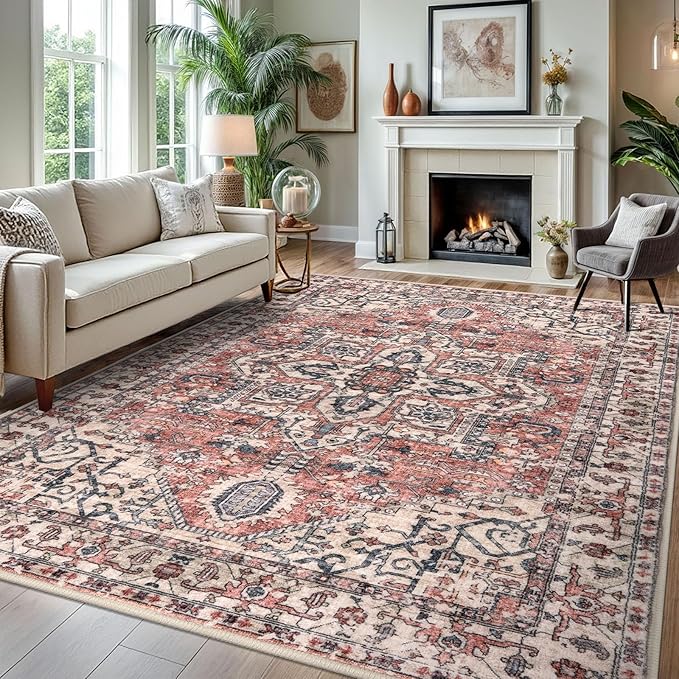 KOZYFLY Area Rug 8x10 Ft Thin Rugs for Living Room Washable Bedroom Rug Non Slip Rugs for Living Room Printed Faux Wool Vintage Bedroom Rug Floor Carpet for Dining Room, Terracotta/Beige