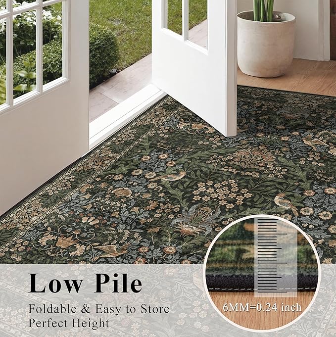 8x10 Floral Washable Area Rug for Living Room, Vintage Boho Large Rugs for Bedroom Dining Room, Botanical Birds Non Slip Low Pile Forest Throw Carpet for Farmhouse Office, Retro Gold/Green