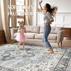 10x14 Area Rugs Living Room: Washable Boho Large Neutral Vintage Soft Rug Stain Resistant Farmhouse Non Slip Indoor Floor Carpet for Bedroom Nursery Kids Playroom Office Dining Room- Blue Tan