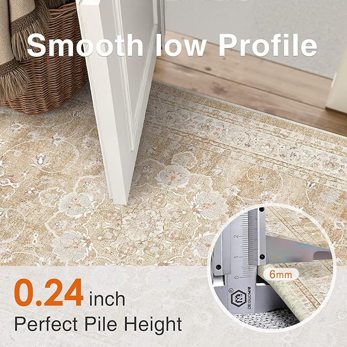 HUGEAR Machine Washable Area Rugs 9x12 Vintage Beige Brown Living Room Bedroom Rug Neutral Style Non Slip Stain Resistant Low Pile Throw Carpet for Home Retro Aesthetic Modern Decor