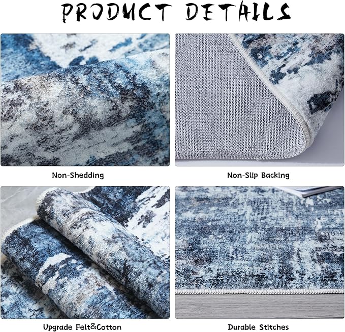 Rugcomf 3x5 Area Rug Blue Soft Abstract Boho Vintage Pattern Non-Slip Non-Shedding Faux Wool Washable for Bedside, Bedroom, Kitchen, Floor, Indoor
