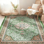 Luxury 5' x 7' Green Washable Area Rugs, Boho Low Pile Easy Clean Non-Slip Rug, Floral Medallion Pattern Vintage Rugs for Living Room, Dinning Room, Office, Bedroom, Bathroom, Laundry Room, Farmhouse