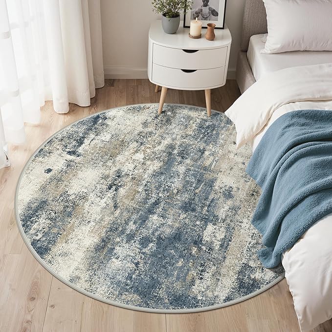 GENIMO Round Area Rugs 5FT for Living Room, Washable Circle Rug Low Pile, Non Slip Abstract Carpet for Bedroom, Enytryway, Kitchen, Navy Blue