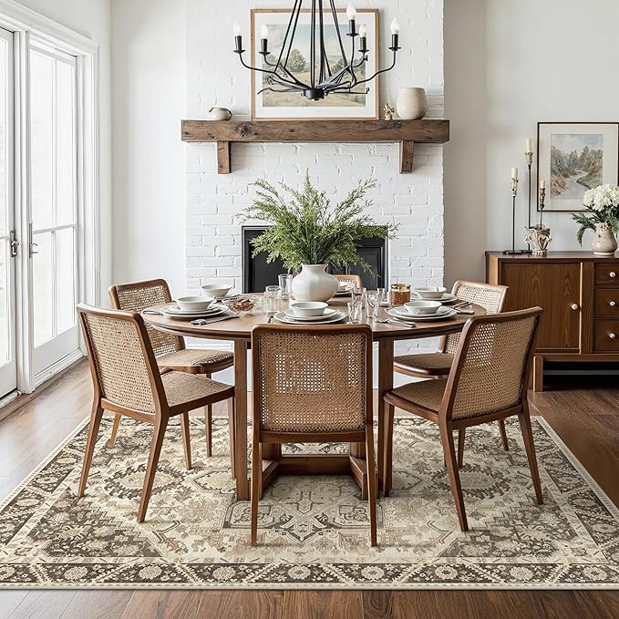 5x7 Area Rug Machine Washable Boho Rug for Living Room,Ultra-Thin Low Pile Carpet,Lightweight Indoor Printed Rug,Non Slip Floral Area Rug for Bedroom, Dining Room, Home Office,Brown