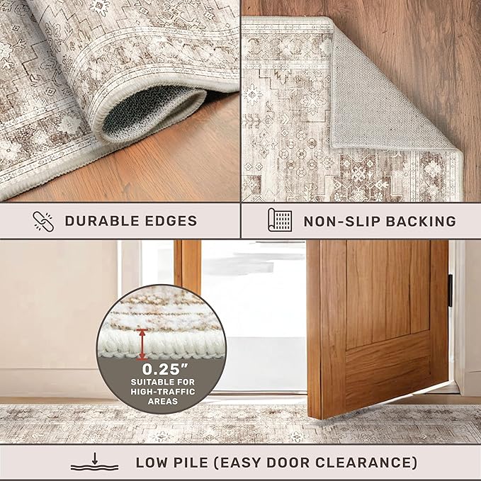 Boho Long Bathroom Runner Rug 24 x 72 Washable Non Slip - Soft Stain Reistant Rugs for Kitchen, Laundry Room, Hallway Runner - Neutral Floral Design Décor (2x6 Beige/Latte)