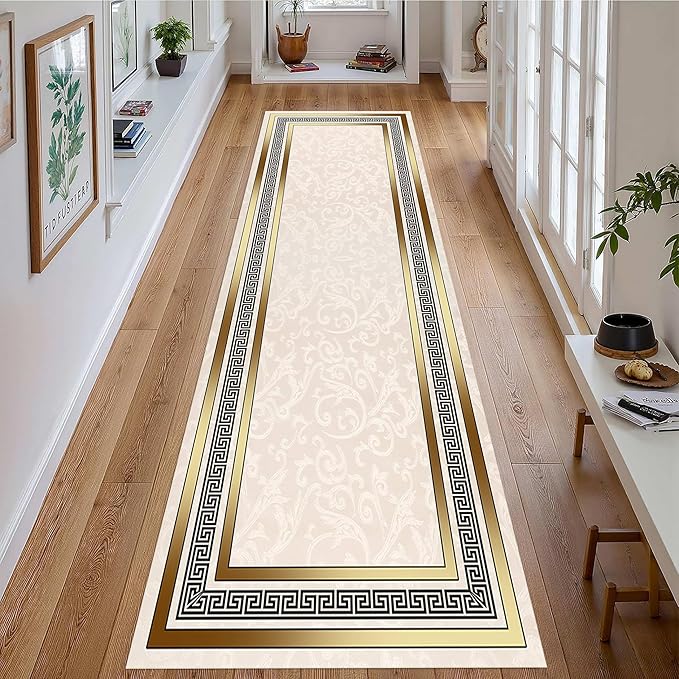 Classic Bohemian Hallway Rugs, 2x7ft, Western Retro Greek Key Beige Fade Resistant Hall Rug, Washable Kitchen Low-Pile Floor Carpet Runners for Bathroom Laundry