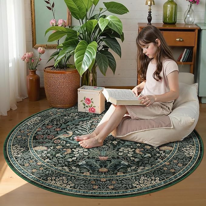 4ft Round Area Rugs for Living Room, Washable Floral Circle Rug Non Slip Low Pile, Vintage Boho Botanical Birds Throw Carpet for Farmhouse, Bedroom, Dining Room, Retro Green/Blue