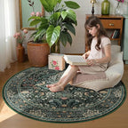 4ft Round Area Rugs for Living Room, Washable Floral Circle Rug Non Slip Low Pile, Vintage Boho Botanical Birds Throw Carpet for Farmhouse, Bedroom, Dining Room, Retro Green/Blue