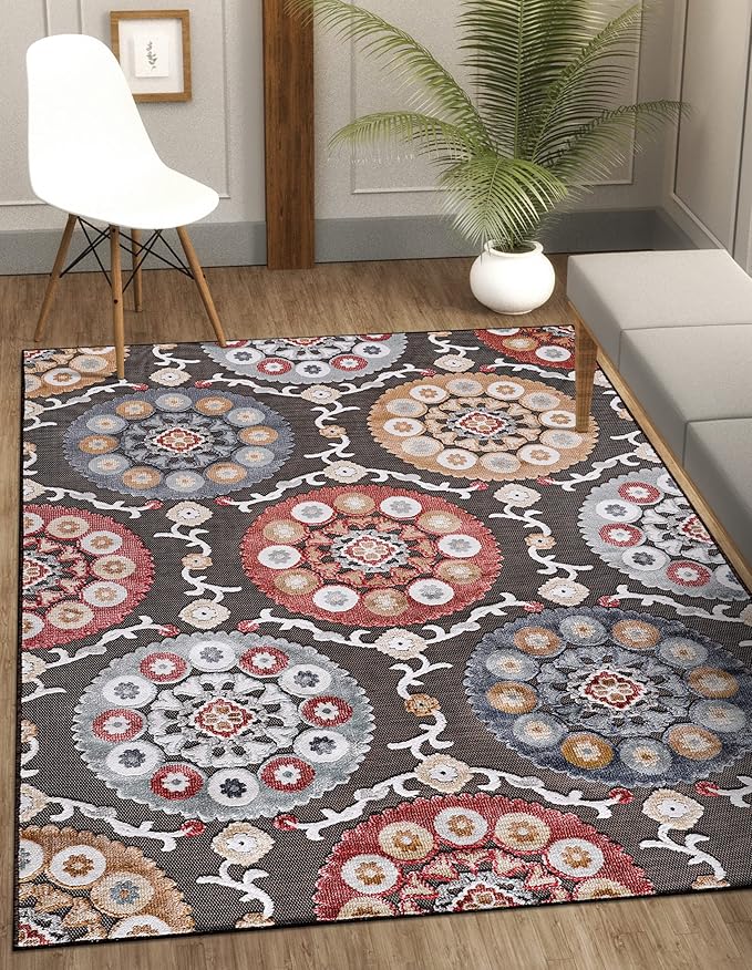 CAMILSON Indoor Outdoor Rug 10x14 Bohemian Medallion Floral Area Rugs for Indoor and Outdoor Patios Easy-Cleaning Non-Shedding Living Room Garden and Kitchen Washable Outside Carpet (10 x 14 / Brown)