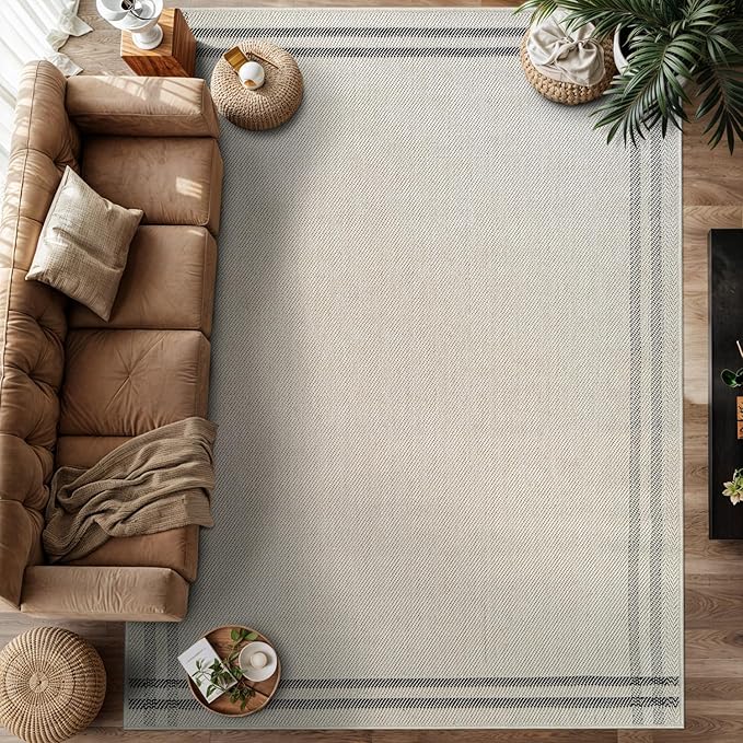 Easy Jute Rugs 5x7 Bordered Bone Color Living Room Indoor Outdoor Area Rug for Patio and Kitchen Rug High Traffic Washable Easy to Clean Solid Boho Woven Design Outside Carpet (5 x 7)