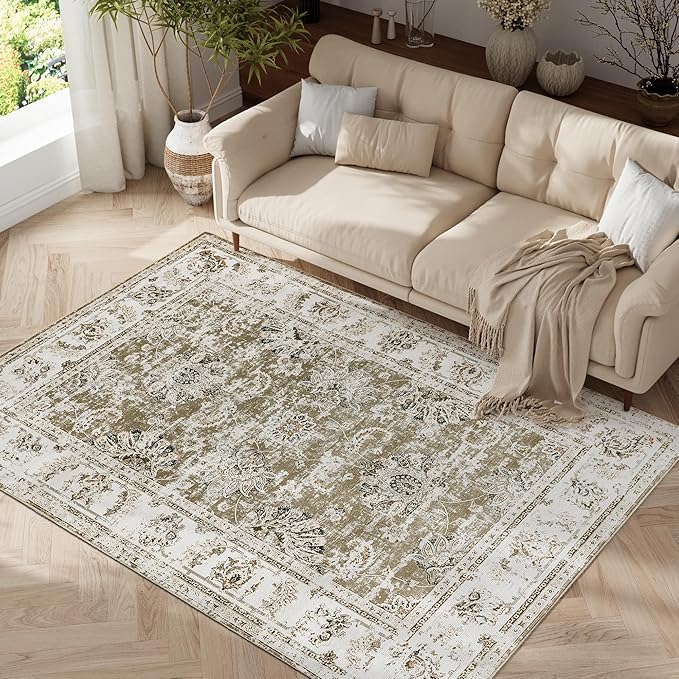 jinchan Fiora 4x6 Area Rugs for Bedroom - Machine Washable Distressed Vintage Floral Design Stain Resistant Boho Carpet Ultra-Thin Low Pile Non-Slip Rug for Living Room Dining Room (4‘x6', Taupe)