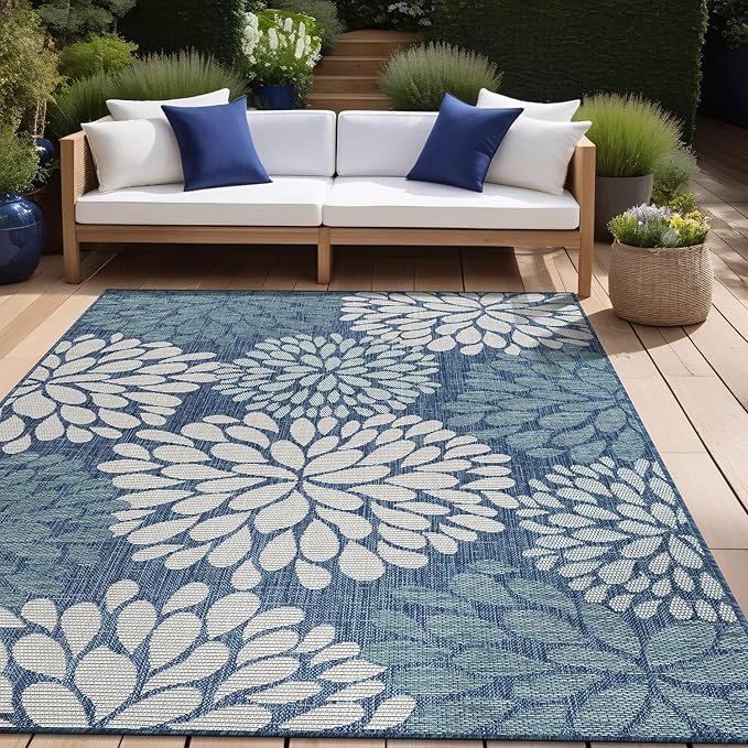 Beverly Rug Outdoor Rug 8x10 Modern Exotic Tropical Leaf Area Rugs for Indoor and Outdoor Patio Deck Porch Garden Water Resistant Washable Outside Carpet (8 x 10 Blue)