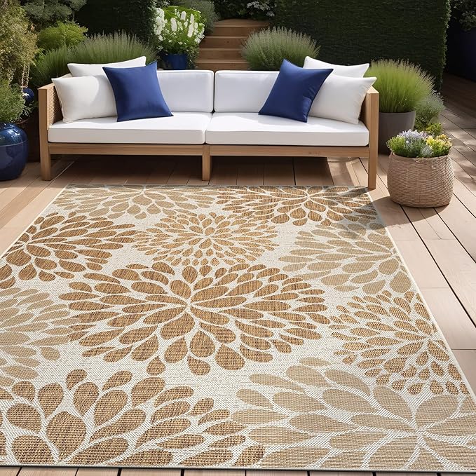 Beverly Rug Outdoor Rug 8x10 Modern Exotic Tropical Leaf Area Rugs for Indoor and Outdoor Patio Deck Porch Garden Water Resistant Washable Outside Carpet (8 x 10 Beige)